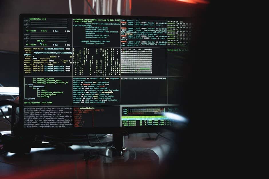 database optimization - Close-up of a computer monitor displaying cyber security data and code, indicative of system hacking or programming.