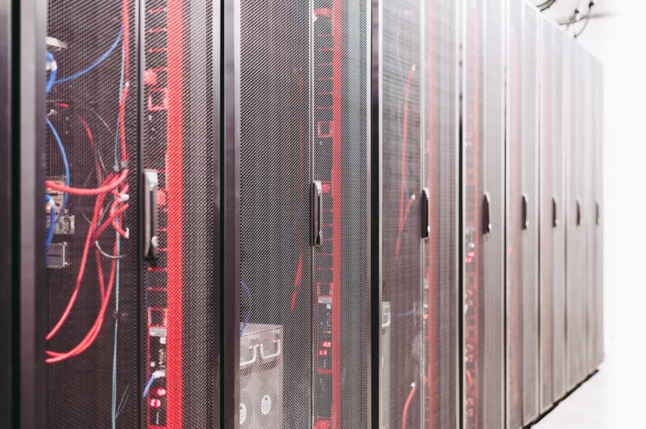 serverless architecture - Modern data server room with network racks and cables.