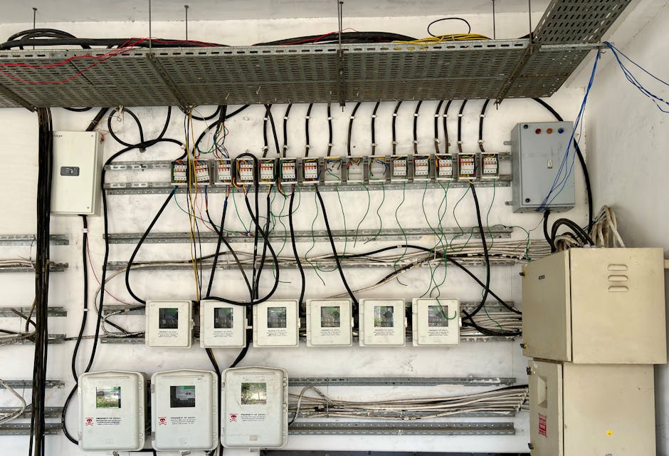 Redis patterns - Complex network of electrical wiring and control panels in an industrial setting.